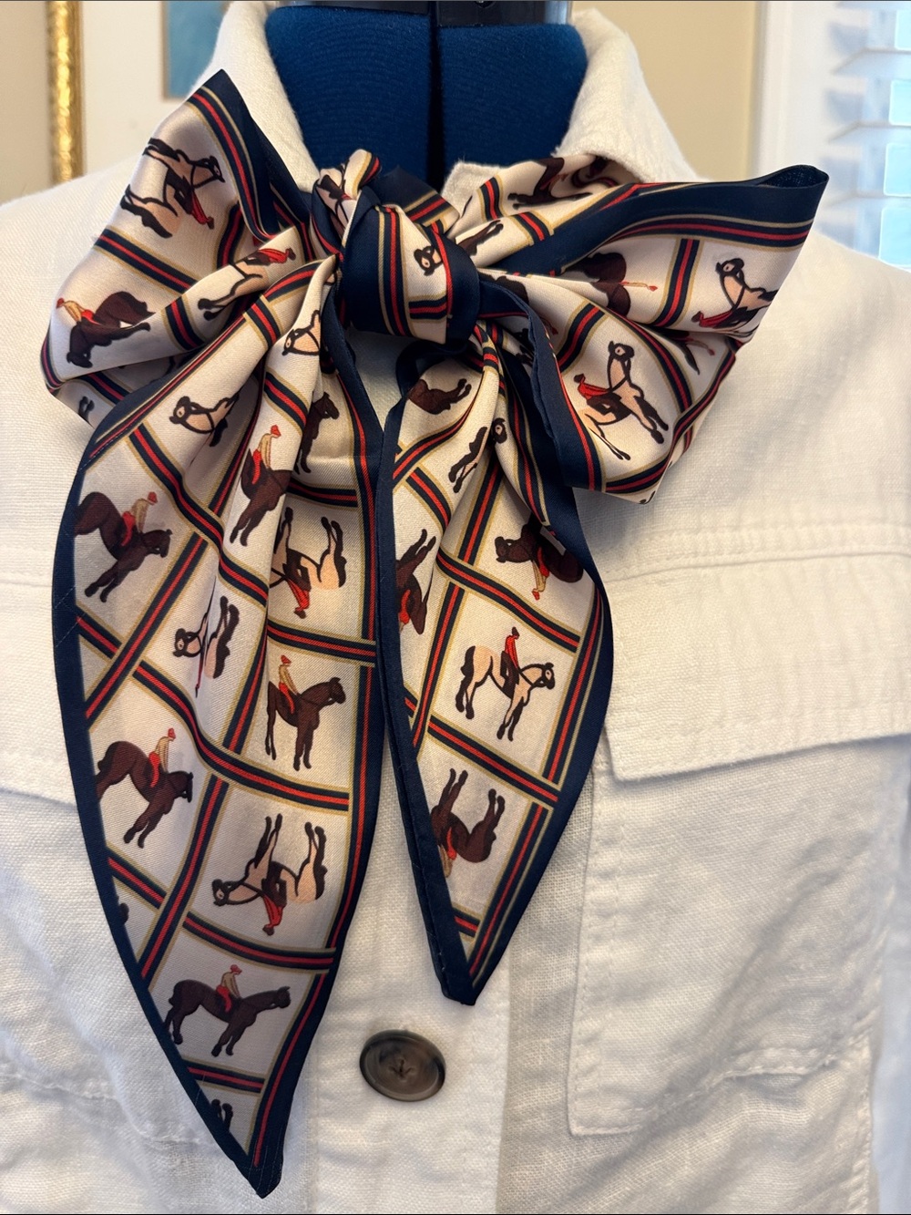 Equestrian Print Scarf - Cream & Brown with Red & Navy accents NIP